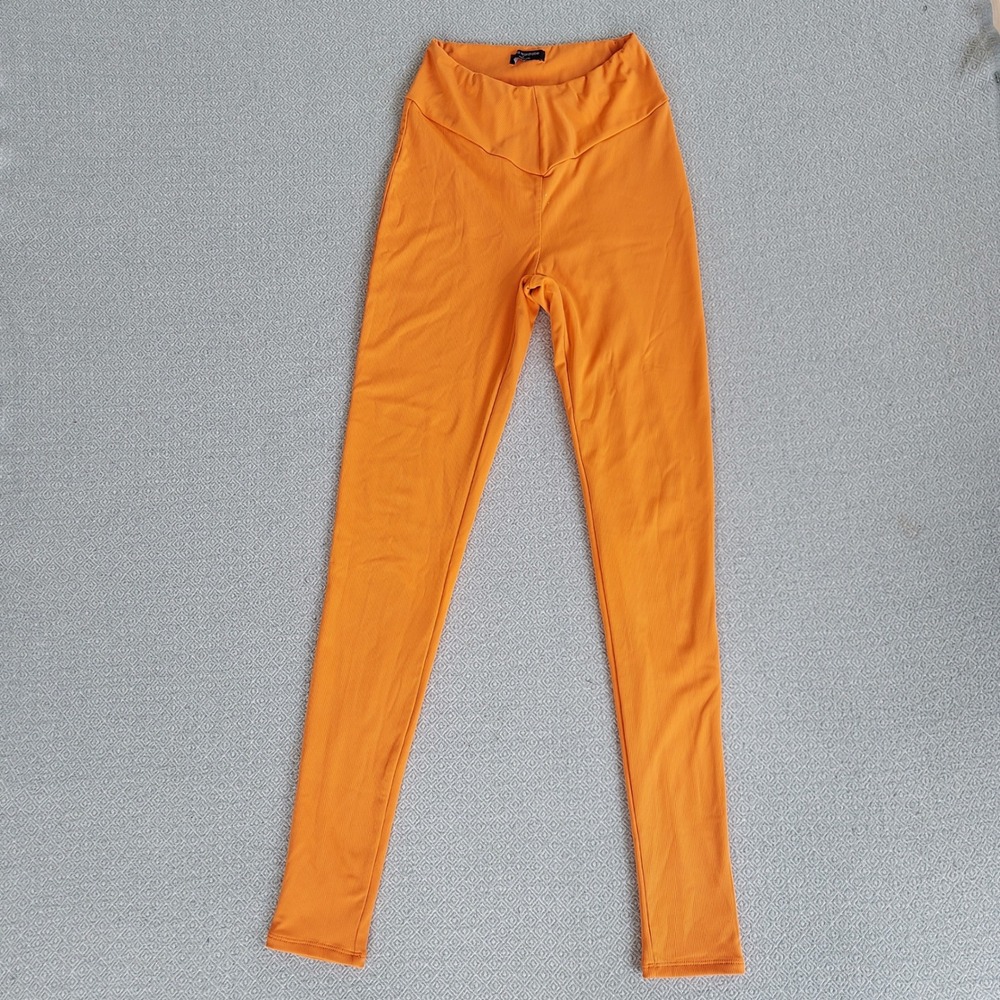 Naked Wardrobe Leggings Women S Orange Ribbed V-Cut Waistband High Rise Leggings